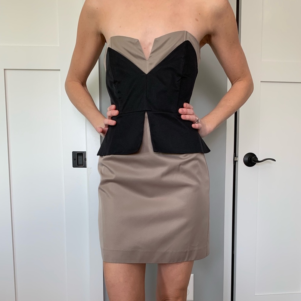 Black and taupe peplum cocktail dress